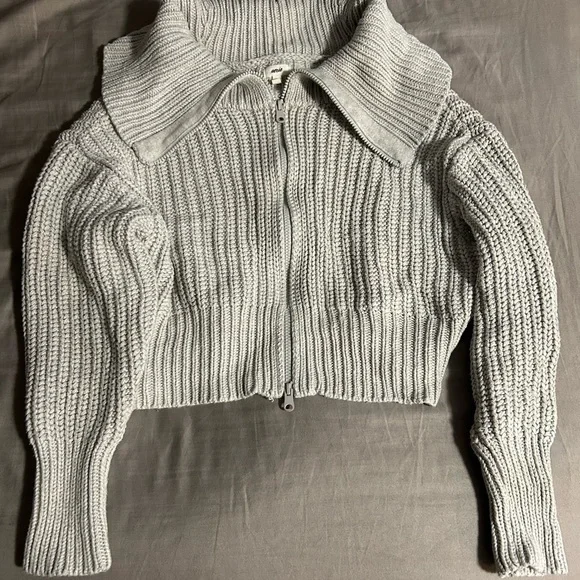 Aerie Light Gray Double Zipper Cardigan 100% Cotton Size L - Picture 1 of 6
